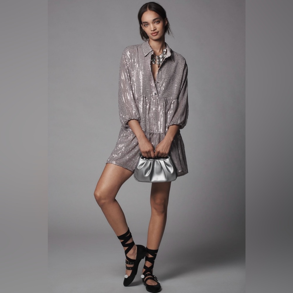 The Bettina Tiered Shirt Dress by Maeve: Mini Sequin Edition